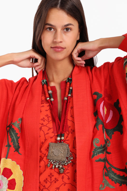 Fully embroidered short coat in cotton slub with pockets